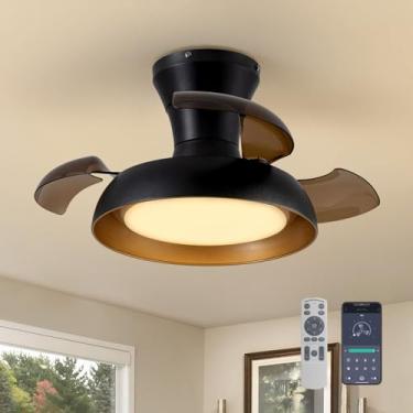 Imagem de APBEAMLighting Ventilador de teto preto e dourado de 58 cm com lâminas retráteis claras e marrons pequena luminária de LED de teto moderno lustre luzes de ventilador Cei ling luminárias para quarto