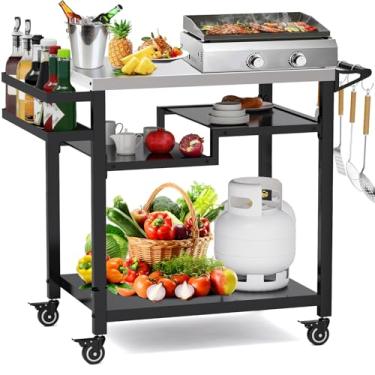 Imagem de MEXMIODY Mesa de churrasqueira ao ar livre, suporte multifuncional para forno de pizza, mesa de carrinho de trabalho e preparação de alimentos com três prateleiras, carrinho de churrasqueira