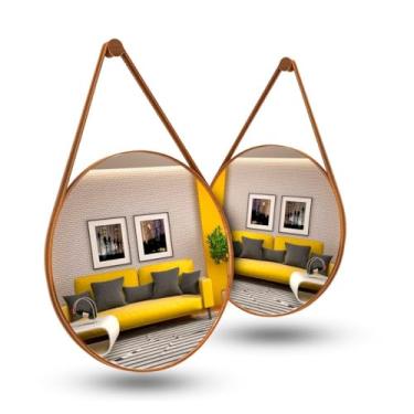 Imagem de Espelho Redondo com Alça em Couro - 4 Tamanhos (30cm a 60cm), Suporte para Parede ou Porta(Kit 2 40cm - Caramelo)