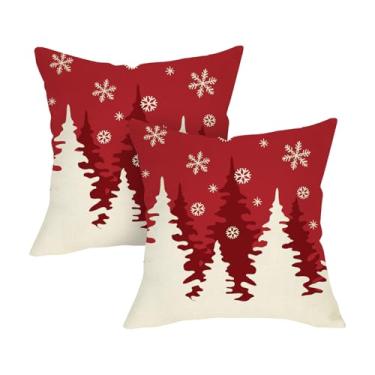 Imagem de Fjfz Capa de almofada decorativa vermelha para árvore de Natal 45,7 x 45,7 cm, conjunto de 2, pinheiros, floco de neve, varanda, decoração de casa, decoração de casa, inverno, casa de fazenda, sofá