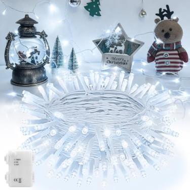 Imagem de cshare Luzes de corda de Natal operadas por bateria, luzes de Natal LED para uso externo com fio branco Tiimer mini luzes de 5 metros 50 LED para guirlanda de árvore de Natal, festa de casamento