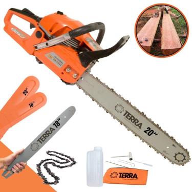 Imagem de Motosserra À Gasolina Terra MT520 52cc 2,5HP Alta Rotação Profissional Com Sabres 18 e 20 Polegadas Robusta e Resistente Para Corte de Árvores