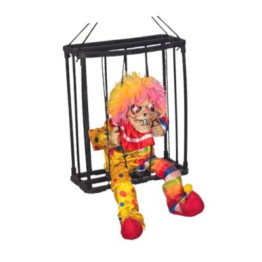 Imagem de Baoblaze Esqueleto falante assustador, gaiola de prisioneiro, brinquedo de terror complicado, adereço com olhos iluminados, brinquedo pendurado de Halloween, Amarelo