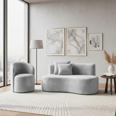 Imagem de Conjunto 01 Poltrona + Sofá Curvo Orgânico Nature Gaia Veludo Cinza Cl