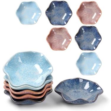 Imagem de ZEBERBO Conjunto de 6 tigelas de mergulho, pratos de cerâmica para molho de soja, copos de molho de 85 g, pratos pequenos redondos de crisântemo para molho de sushi, tomate e molho de soja