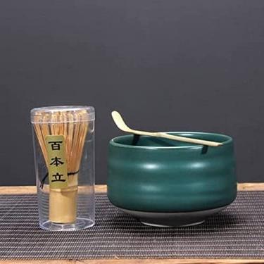 Imagem de QLDFX Tigela Matcha Tigela de Salada Tradicional Fosco Preto Verde Crackle Matcha Kit Cerâmica Chawan Kiln Glazed Whisk Holder Chasen Scoop Matcha Bowl Conjunto de Chá (G)
