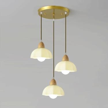 Imagem de YQSLQZZ Lustre de sala de jantar, 3 luzes acima da mesa de jantar com luzes de teto suspensas de vidro iluminado, luminária pendente de ilha de cozinha retrô japonesa, altura ajustável, base E27