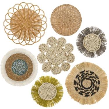 Imagem de 7 cestos de parede boêmios rota decoração de parede de vime redondo cestas de parede para decoração de quarto e sala de estar (estilo 5)