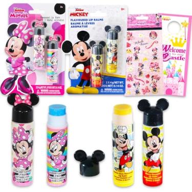 Imagem de Disney Bálsamo labial Mickey e Minnie Mouse – Pacote com 4 protetores labiais Mickey e Minnie em sabores variados para lembrancinhas de festa, mais adesivos | Protetor labial Disney para meninas,