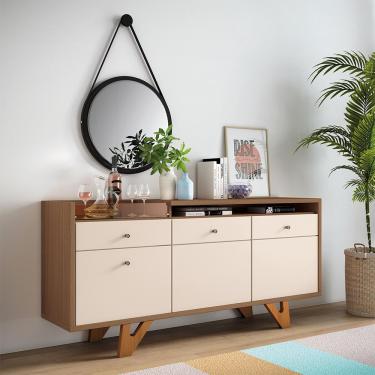 Imagem de Buffet Aparador Noeli com Bandeja Lateral MDP/MDF Pés em Madeira Castanho/Off White G26 - Gran Belo