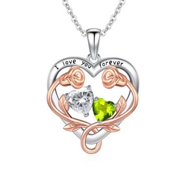 Imagem de WYDDO Colar de pedra do mês de nascimento para mulheres, mãe, colar com pingente de coração, joia de pedra de nascimento da família das mães, colar de flor rosa de aniversário para mãe, presente de