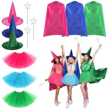Imagem de Geyoga 3 Pack Halloween Cosplay Costume Set for Adults, Includes Satin Cape Cloak, Witch Hat, Tutu Skirt, and Star Magic Wand Blue Green Rose Red 3 Color Options Halloween Party Dress up Accessories