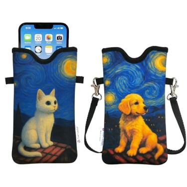 Imagem de Tainada Bolsa de neoprene masculina e feminina com alça transversal/cordão de pescoço para iPhone 16/15/14 Pro Max, 16/15/14 Plus, Samsung S25, A55, Google Pixel 9 (Cão Gato Noite Estrelada)