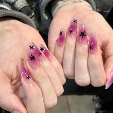 Imagem de Y2K Kit de unhas de pressão de caixão médio cola falsa em unhas com design de estrela negra para mulheres cobertura completa acrílico artificial falso bastão em unha para uso diário, casamento, 24