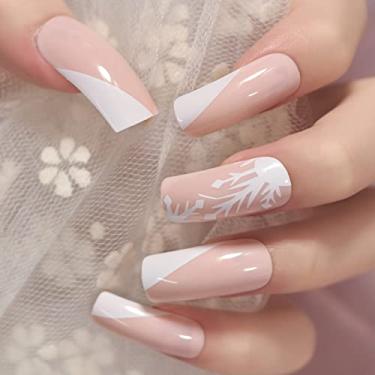 Imagem de Unhas postiças com design de floco de neve rosa e branco brilhante unhas postiças de comprimento médio para mulheres e meninas
