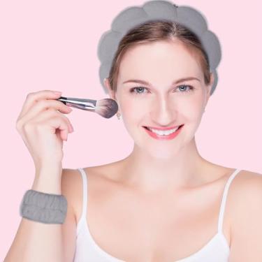 Imagem de Conjunto de pulseiras de spa para lavar o rosto, esponja, maquiagem, toalhas, faixa de cabelo macia (cinza, 3 peças)