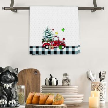 Imagem de Toalhas de mão de caminhão vermelho de Natal Toalhas decorativas xadrez de búfalo vintage para banheiro e cozinha com árvore de Natal