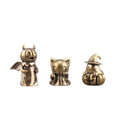 Imagem de 3 peças de latão Halloween gato demônio abóbora fantasma estátua em miniatura, metal fantasma modelo escultura desktop peso papel ornamento casa bonsai micro acessórios de decoração de paisagem