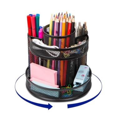 Imagem de Comix Suporte giratório de 360° para mesa, organizador de mesa de escritório com 9 compartimentos, suporte de lápis de metal de malha preta para escritório, casa, escola