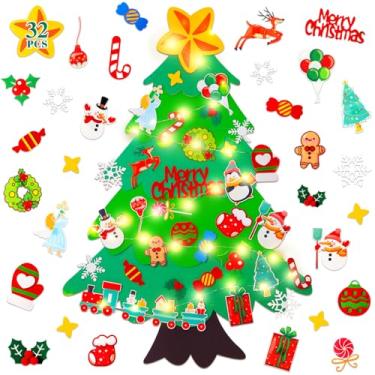 Imagem de Árvore de Natal de feltro para crianças – Árvore de Natal de feltro de parede de 8 metros para crianças com luzes e 32 peças, presentes de Natal DIY para pendurar na porta (pilhas não incluídas)