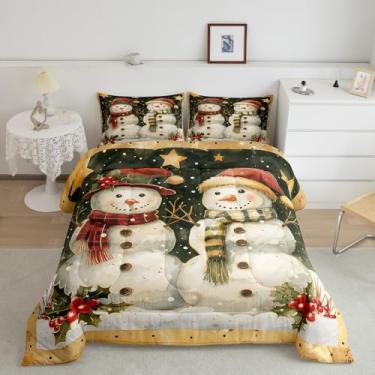 Imagem de Conjunto de edredom Queen com boneco de neve, estrela, floco de neve, para decoração de quarto de crianças, meninos e meninas, 3 peças, conjunto de colcha com tema de inverno de bolinhas, 2 fronhas