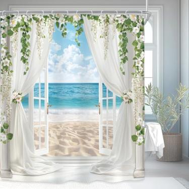 Imagem de Riyidecor Cortina de chuveiro extralonga para decoração de banheiro 182x84A litoral oceano havaiano verão paisagem floral arte impressa tecido poliéster impermeável pacote com 12 ganchos de metal