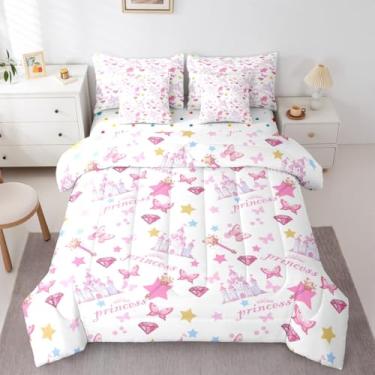 Imagem de Feelyou Conjunto de edredom de princesa com 7 peças, castelo, desenho castelo, para crianças, meninos, meninas, fofo, borboleta, decoração de quarto mágico, microfibra leve e macia