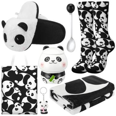 Imagem de Buryeah 6 peças de presentes de panda para mulheres e meninas, presentes fofos para amantes de panda, chinelos fofos de 400 ml, caneca de café, 150 x 127 cm, cobertor de 130 x 128 cm, chaveiro 3D para