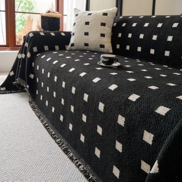 Imagem de Capa de sofá de bolinhas com franja, cobertura para sofá, capa protetora de móveis, microfibra macia e elástica, para relaxar no escritório - preta | 180 x 260 cm