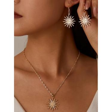 Imagem de Conjunto de colar e brincos com pingente de sol e lua para mulheres, joia celestial boho de ouro, colar vintage com pingente de sol, brincos pendentes de presente para ela