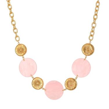 Imagem de Izpack Colar gargantilha de moeda redonda de acrílico para mulheres, aço inoxidável, boho, círculo, disco, ajustável, corrente de declaração, moda, banhado a ouro 18K, joia de aniversário, 40+6