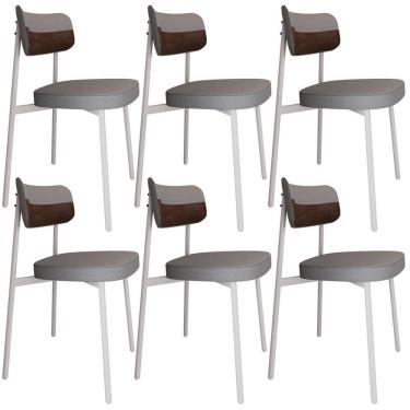 Imagem de Kit 06 Cadeiras Estofada Para Sala De Jantar Astrid Branco C01 Linho Cinza Courino Whisky - Lyam Decor