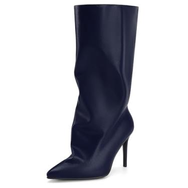 Imagem de Perisis Botas femininas despojadas cano médio pretas longas de puxar salto agulha bico fino botas de tubarão para mulheres sexy moda, Azul marinho, 35