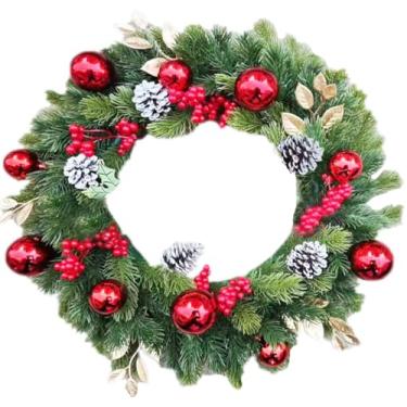 Imagem de TBUY ROSE Guirlanda de Natal artificial de 40 cm para porta da frente, guirlanda de frutas vermelhas com agulhas de pinheiro, folhas douradas e bolas vermelhas, decorações de Natal para parede de