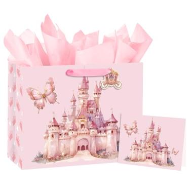 Imagem de Loveinside Bolsa de presente de castelo de princesa para meninas, castelo de conto de fadas rosa com borboleta e coroa, bolsa de tamanho médio com papel de seda, etiqueta, cartão para aniversário
