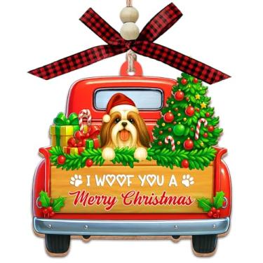 Imagem de I Woof You A Merry Christmas - Shih Tzu Dog in Truck Enfeite de madeira de 2 camadas - Decoração de férias rústica fofa - presente para amantes de cães e donos de animais de estimação