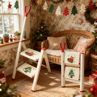 Imagem de Escada de árvore de Natal com corrimão único, banco de 2 degraus com pedais antiderrapantes para armário de cozinha doméstica, escada de decoração de Natal para árvore e decoração de férias
