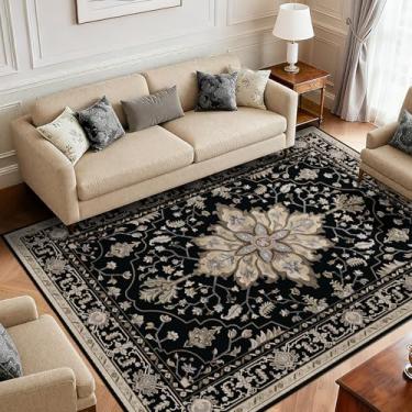 Imagem de RELEANY Area Rugs 1,8 m x 2,5 m lavável aspirador de pó, antiderrapante, floral, vintage, estampa de angústia, tapete medalhão para sala de estar, quarto, preto, marrom, neutro, caramelo escuro