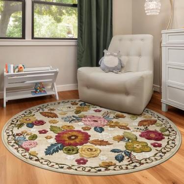 Imagem de GERUIMO Tapete redondo lavável de 1,2 m para sala de estar, bege vintage boho floral, grande, antiderrapante, tapete de lã sintética macia, adequado para crianças e animais de estimação para quarto