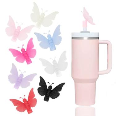 Imagem de YAYAYOUNG 8 peças de tampas de palha de borboleta 3D com glitter compatíveis com copos Stanley de 30 e 1,134 g, tampas de silicone reutilizáveis e fofas para copos Stanley de 10 mm Acessórios de