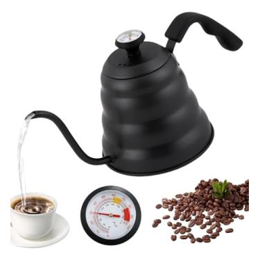 Imagem de Chaleira Preta Bico de Ganso com Termômetro Barista para Café Coado Pour Over, Bule Inox Profissional Gooseneck 1,2 Litros