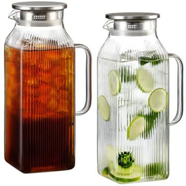 Imagem de Pacote com 2 jarras de vidro quadradas de 2 litros com tampa, jarras de água clássicas com alça para geladeira, jarro grande para chá gelado, café, jarra de vidro borossilicato para bebida quente/fria