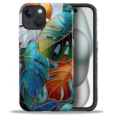 Imagem de Flivro Capa para iPhone 15, capa rígida de policarbonato e amortecedor interno de silicone, capa de corpo inteiro à prova de arranhões, design fino à prova de choque - Mosaico de plantas de folhas
