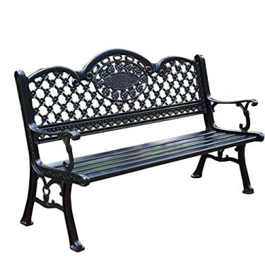 Imagem de TRGCJGH Banco de varanda para pátio, assento duplo, bancos de jardim de alumínio fundido, sofá de metal com encosto de grade e apoio de braço, móveis rústicos de pátio ao ar livre (preto)
