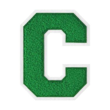Imagem de 1 peça de patch de letra de chenille verde de 11,4 cm com borda branca – adesivos do alfabeto para roupas, jaquetas, mochilas, chapéus para decoração personalizada, nome personalizado e artesanato. (C