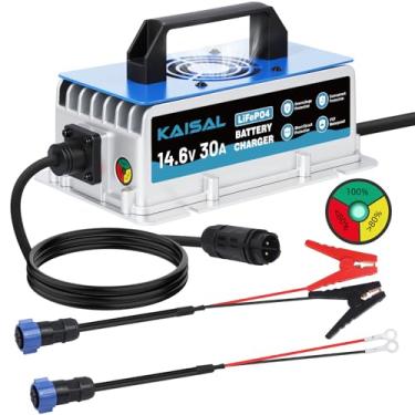 Imagem de Carregador de bateria de lítio 12V 30A 14,6V LiFePO4 carregador de bateria IP67 à prova d'água e 0V Wake Up 12 volts carregador de lítio com 2 conectores, 8 proteções para bateria LiFePO4 de 12,8 V