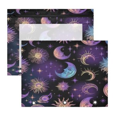 Imagem de Blueangle Bolsa para lápis Sol Lua e Estrelas para fichário com 3 anéis, 2 pacotes com bolsa de lápis com janela transparente para documentos com zíper para escritório (130)