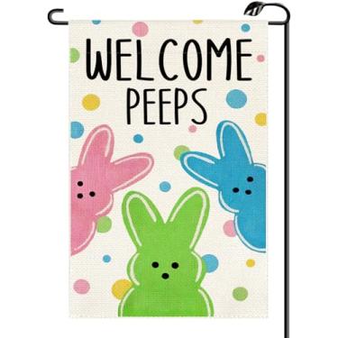 Imagem de Welcome Peeps Bandeira de jardim de Páscoa 30,5 x 45,7 cm, vertical, dupla face, colorido, coelhinho, bandeiras pequenas, decoração externa de casa de fazenda para quintal (apenas bandeira) FH14