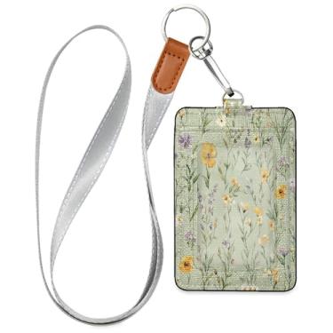 Imagem de SEHANY Porta-crachá de couro de flores silvestres verdes com cordão, porta-crachá de identificação com 1 janela transparente para identidade e 2 compartimentos para cartão para funcionários de