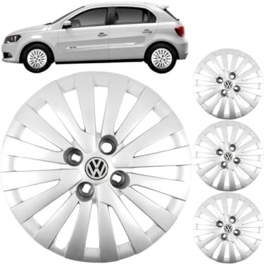 Imagem de Jogo 4 Calotas Aro 14 Vw Gol Voyage G5 G6 G7 2009 a 2017 Com Adesivo Logo Vw Resinado Grid GR117CB Cubo Baixo